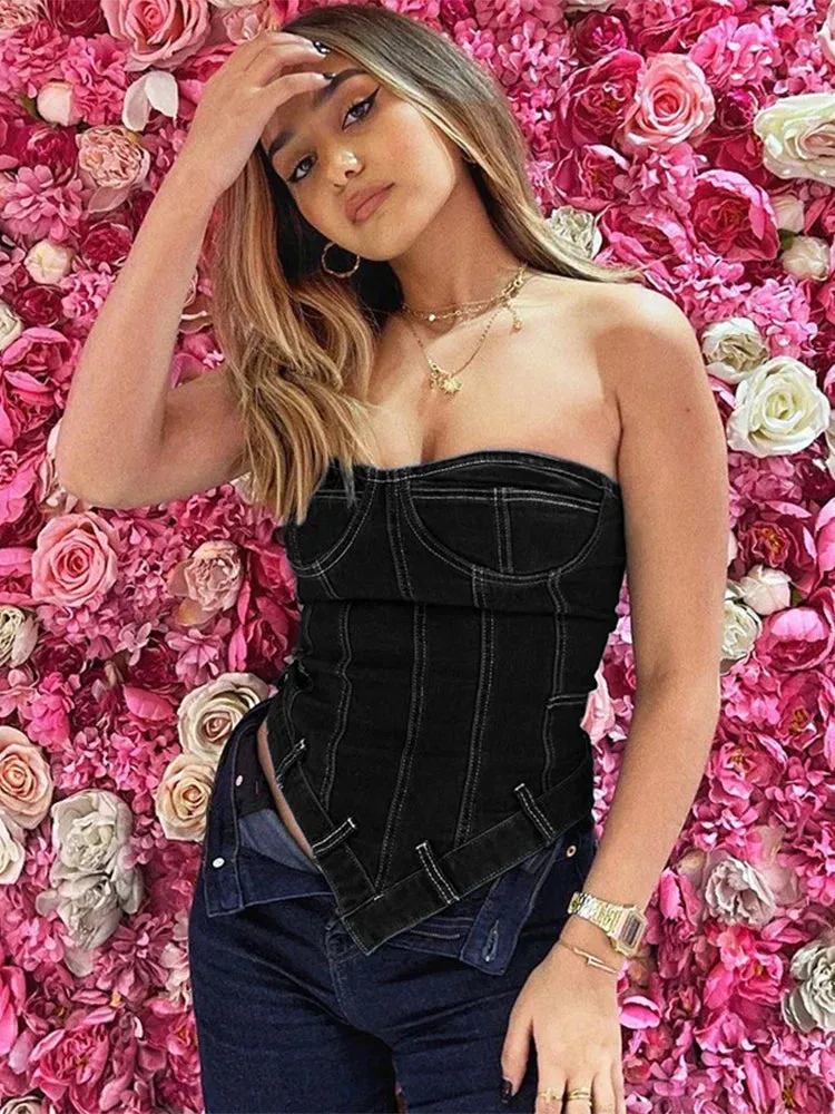 Back To School Joskaa Slim Backless Tank Tops Women Summer Street Casual Y2k Denim Vests Women's Fashion Bodycon Sexy Woman Clothes 2024 New