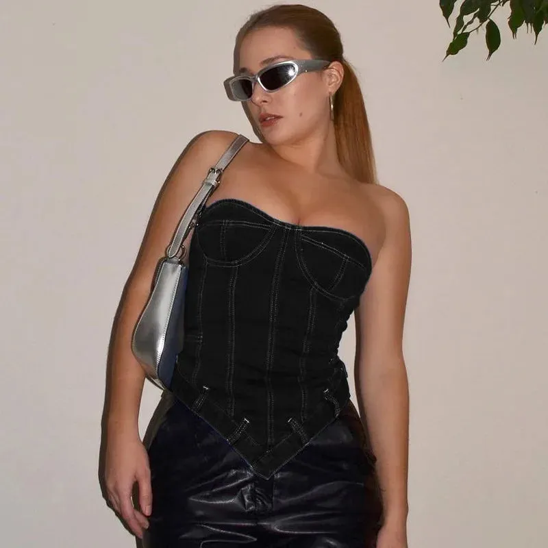 Back To School Joskaa Slim Backless Tank Tops Women Summer Street Casual Y2k Denim Vests Women's Fashion Bodycon Sexy Woman Clothes 2024 New