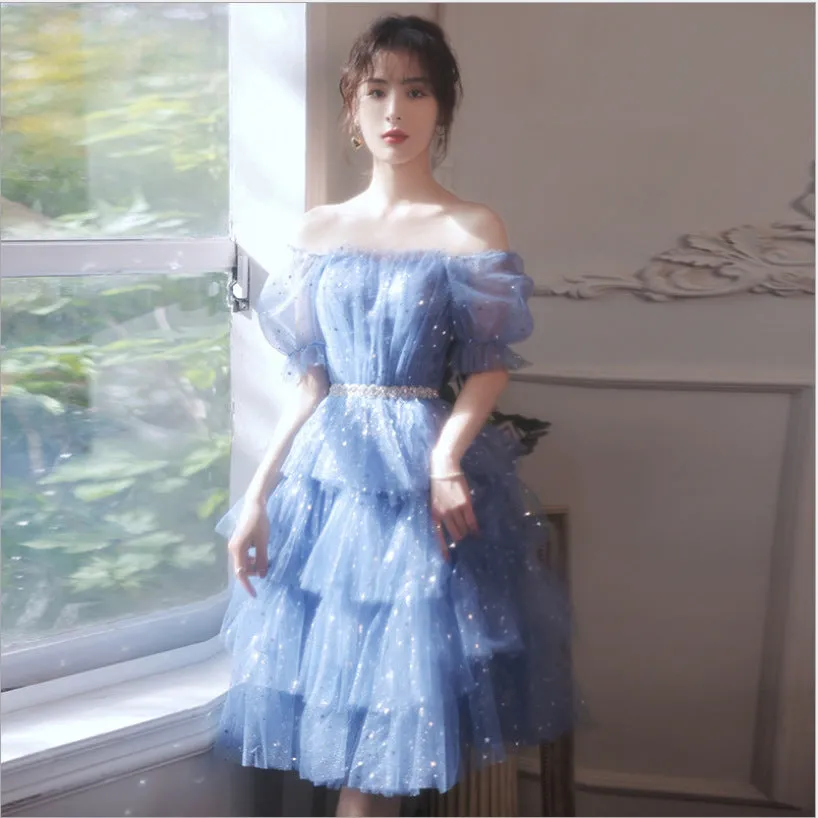 Blue Princess Short Prom Dress Sparkly Homecoming Dress 199