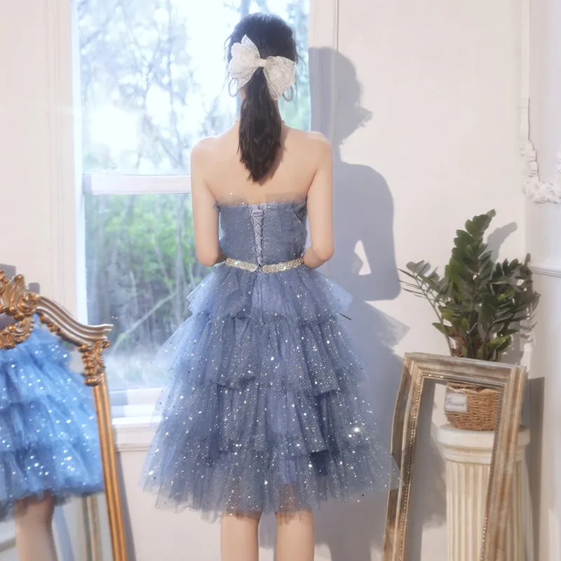 Blue Princess Short Prom Dress Sparkly Homecoming Dress 199