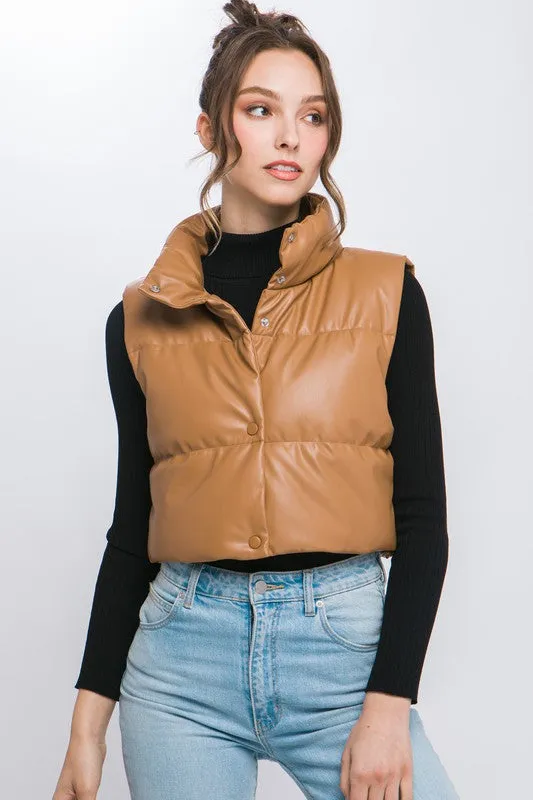 Camel Faux Leather Sleeveless Puffer Crop Jacket