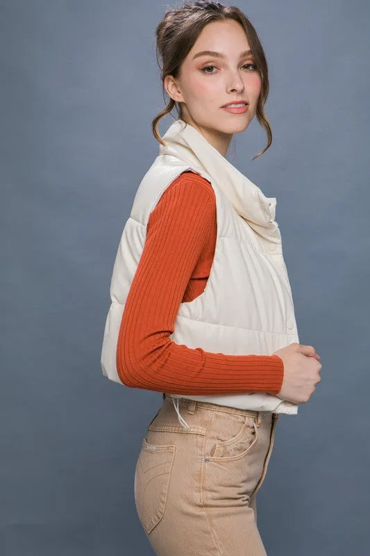 Camel Faux Leather Sleeveless Puffer Crop Jacket