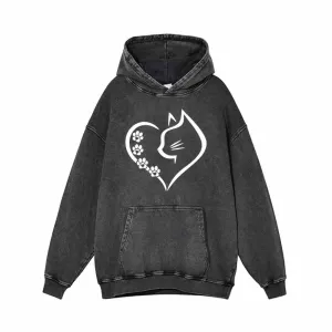 Cat In Heart Pattern Vintage Washed Hoodie