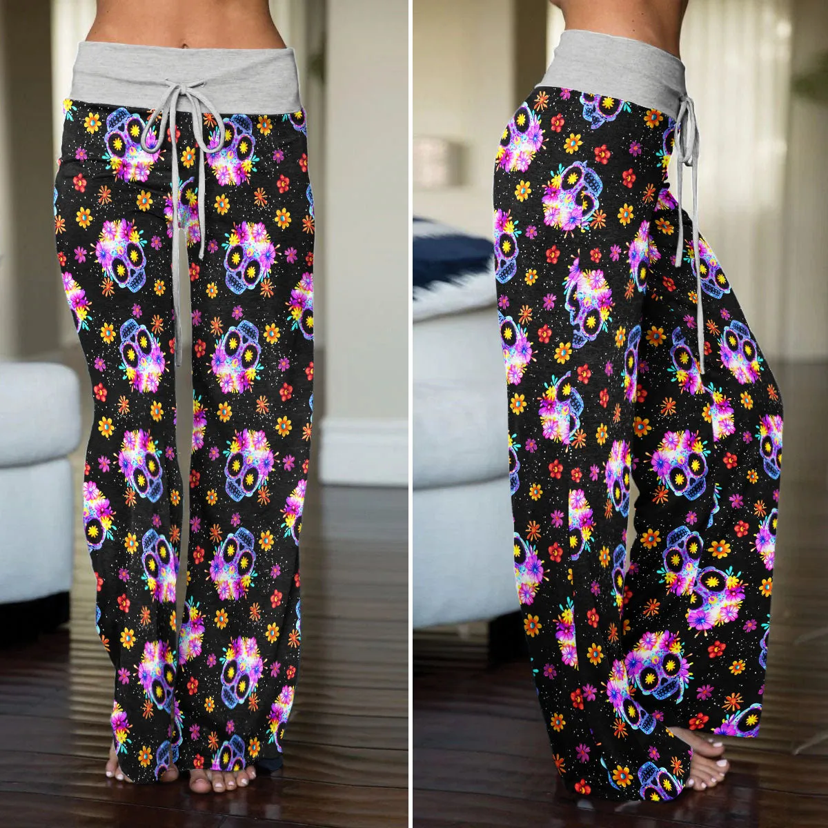 Colorful Skull Flower Pattern Women's High-waisted Wide Leg Pants