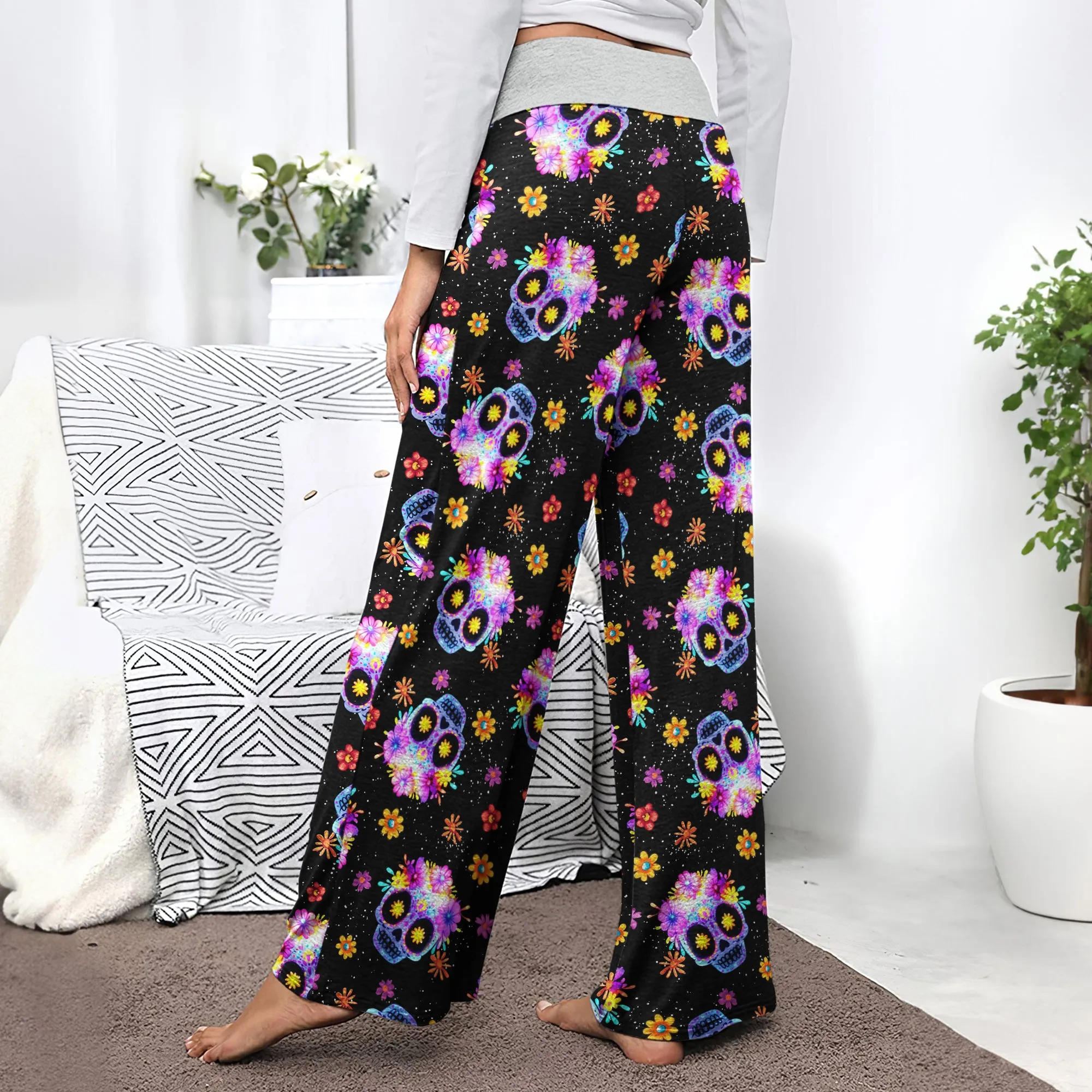 Colorful Skull Flower Pattern Women's High-waisted Wide Leg Pants