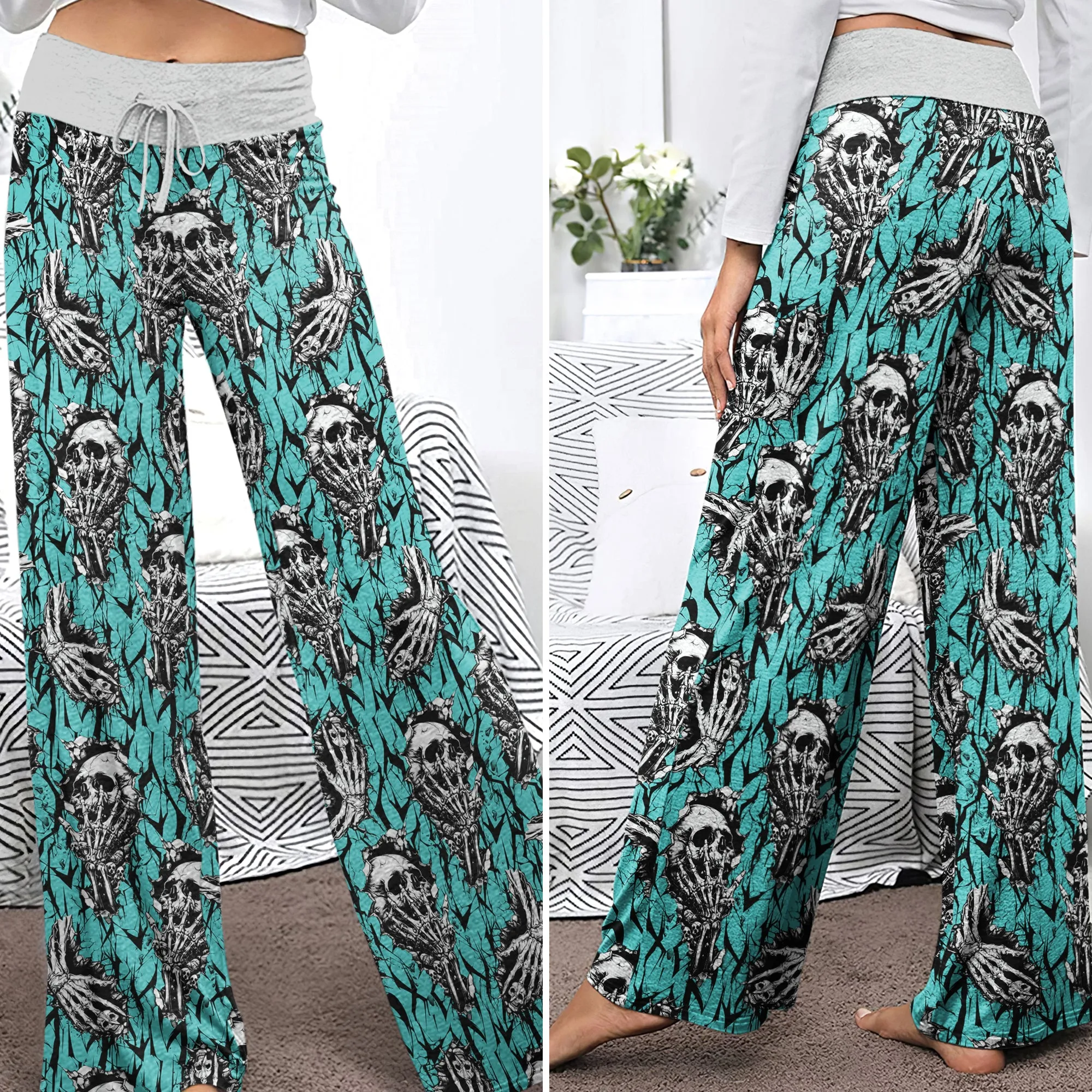 Cyan Skull Pattern Women's High-waisted Wide Leg Pants