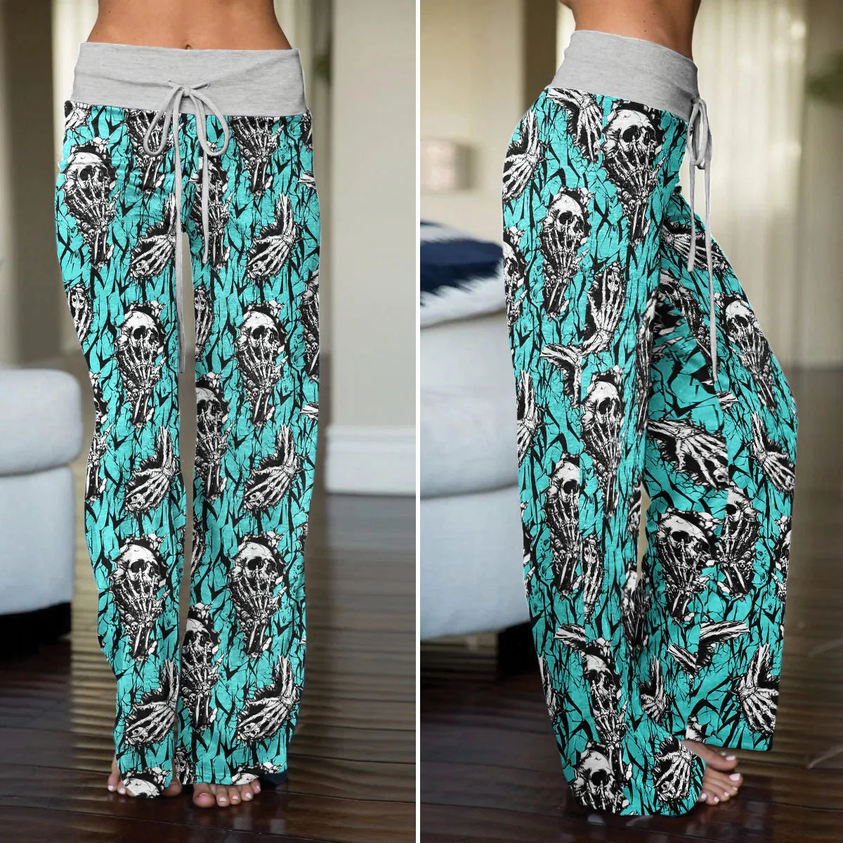 Cyan Skull Pattern Women's High-waisted Wide Leg Pants