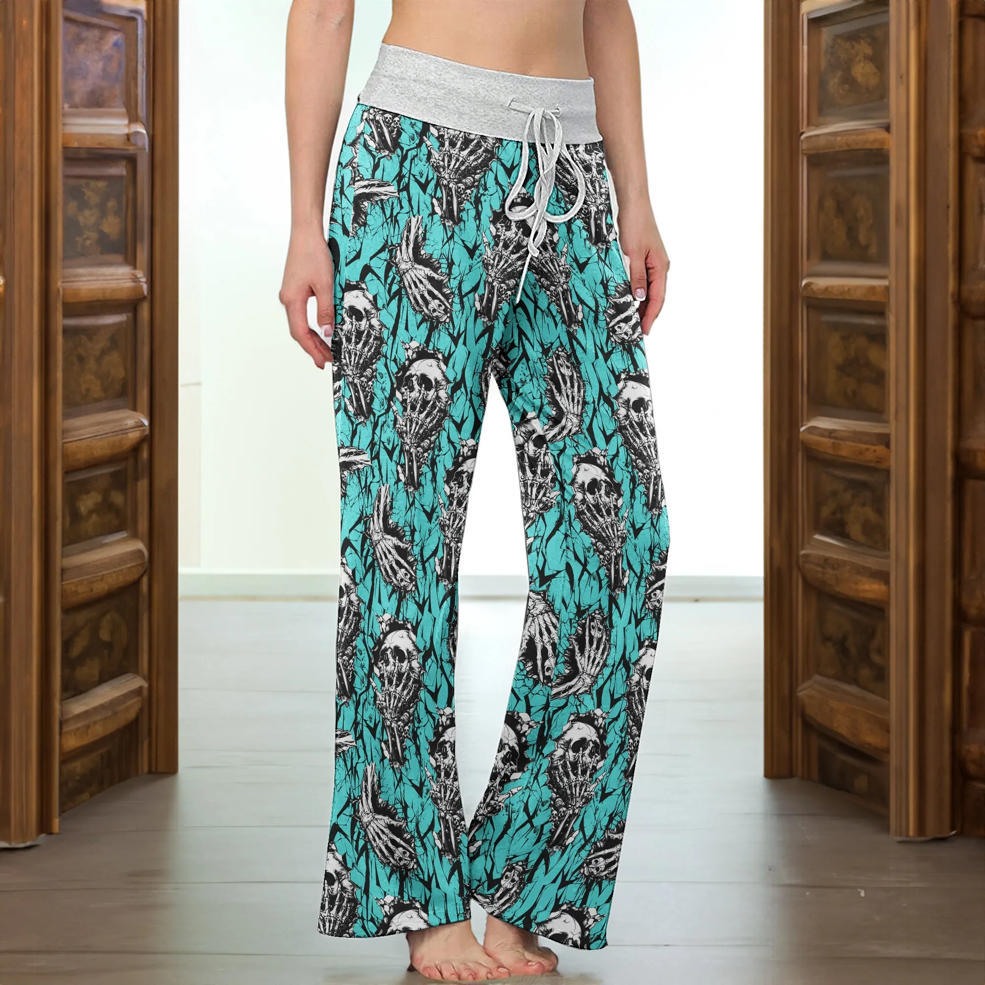 Cyan Skull Pattern Women's High-waisted Wide Leg Pants