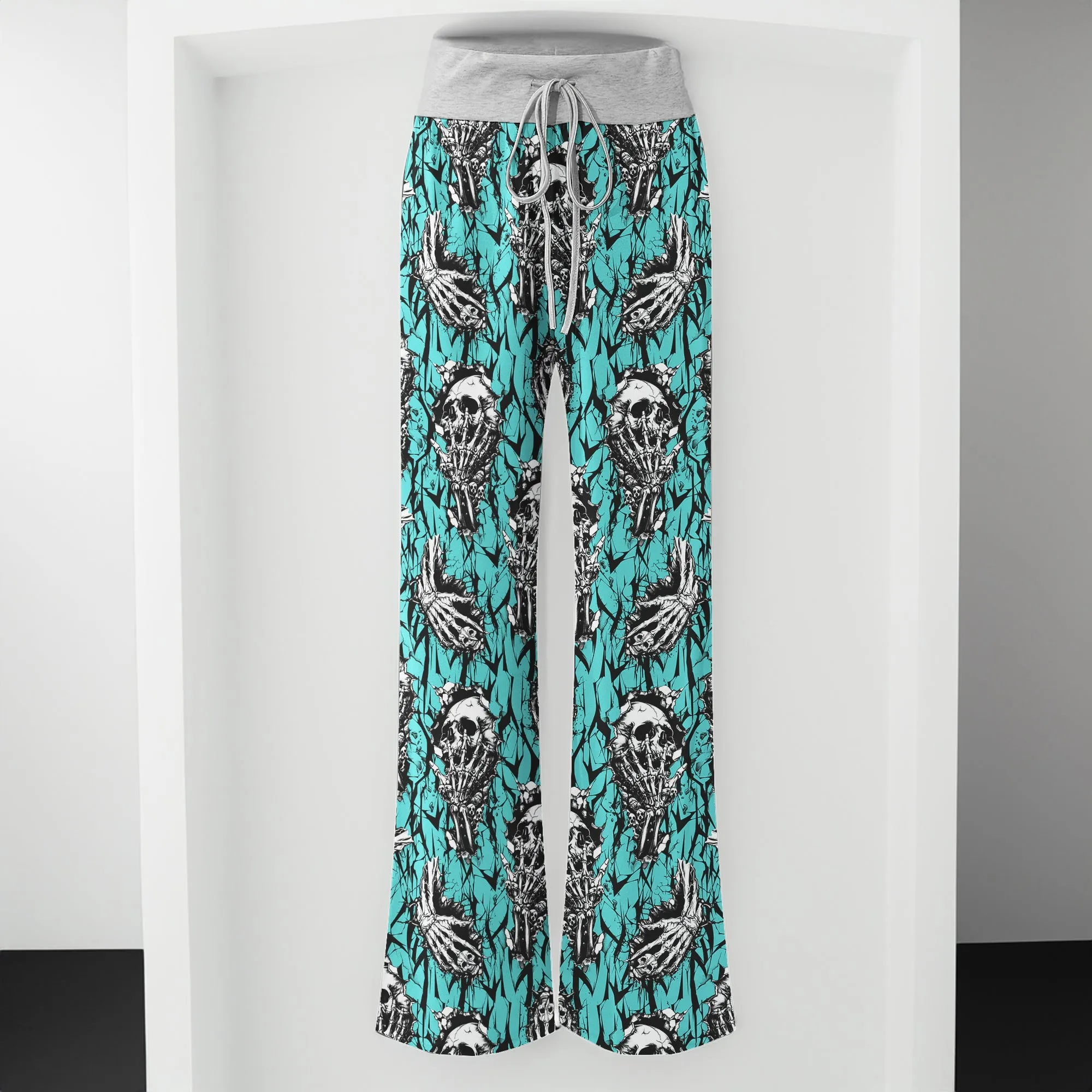 Cyan Skull Pattern Women's High-waisted Wide Leg Pants