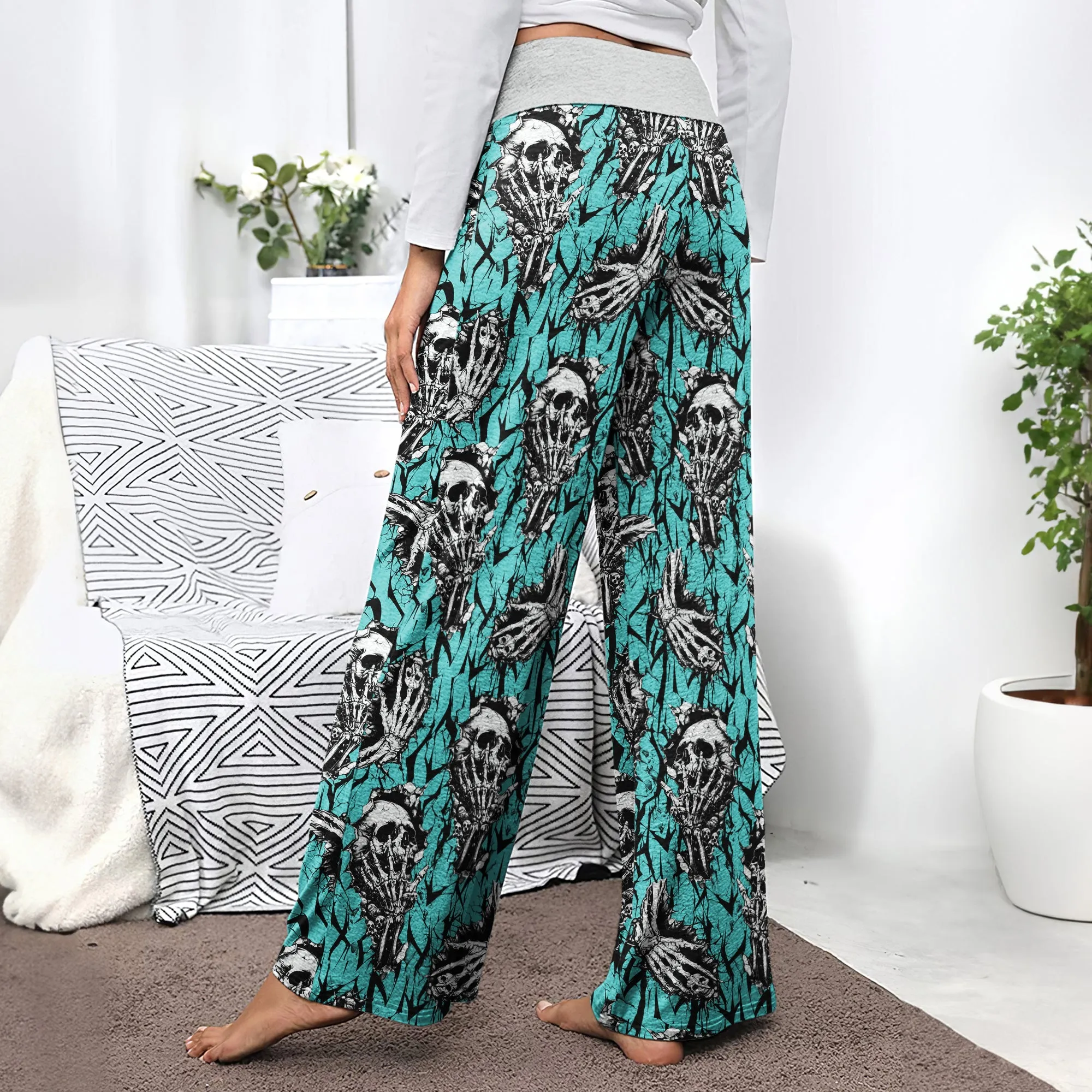 Cyan Skull Pattern Women's High-waisted Wide Leg Pants