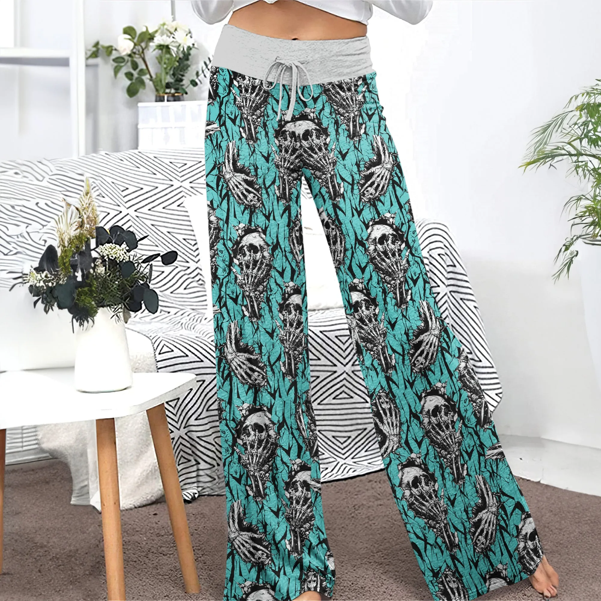 Cyan Skull Pattern Women's High-waisted Wide Leg Pants