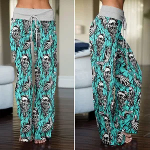 Cyan Skull Pattern Women's High-waisted Wide Leg Pants