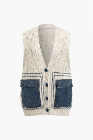 Denim Patchwork Pocket Sweater Vest