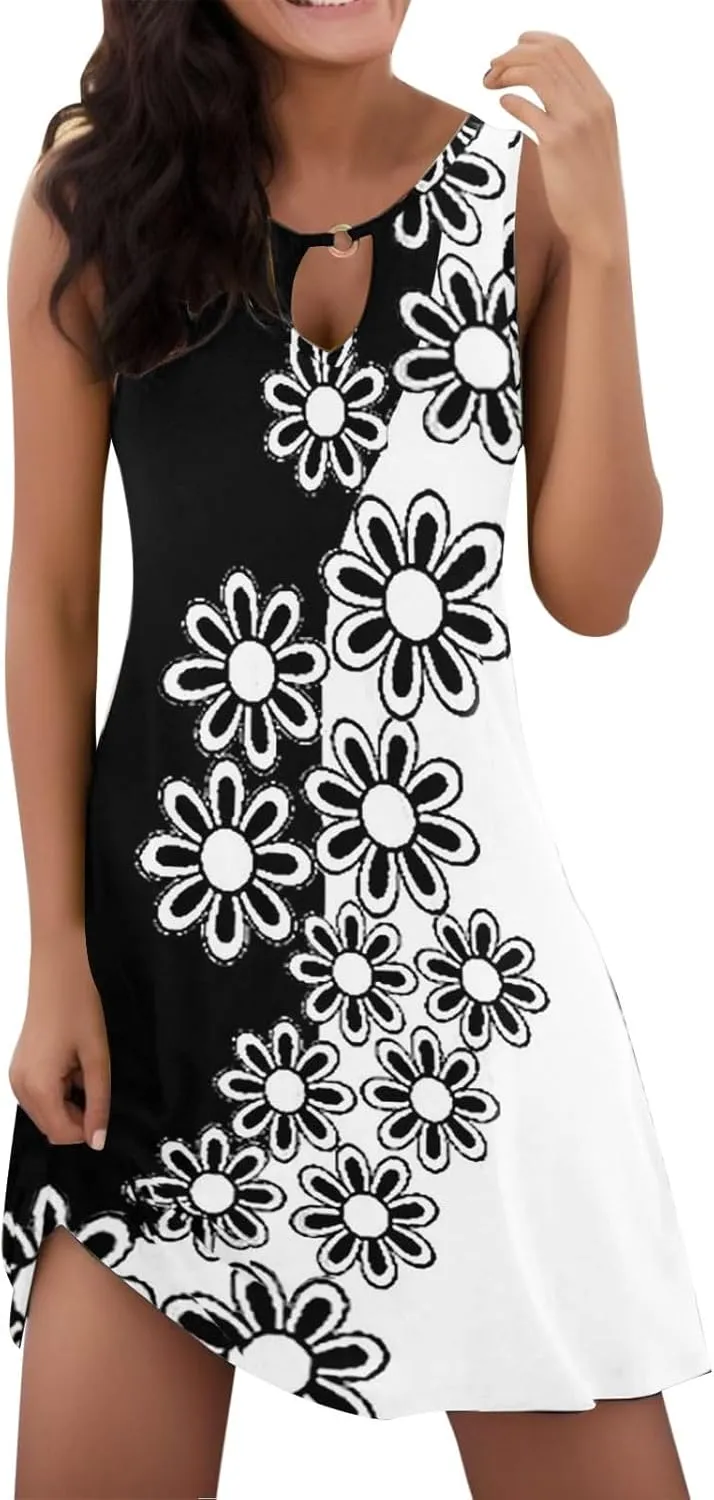 Eduavar Sundresses for Women 2024, Mini Dresses for Women Summer Floral Print Sexy Crew Neck Sleeveless Beach Mini Dress