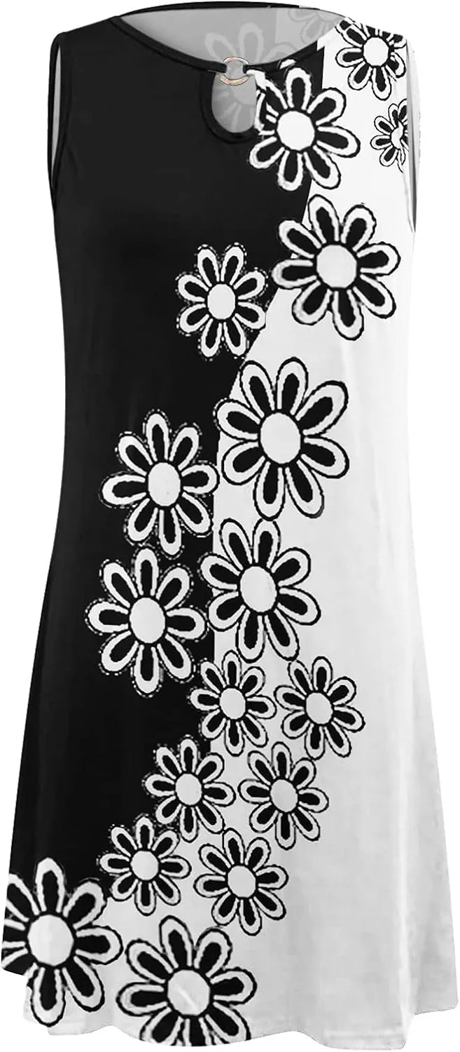 Eduavar Sundresses for Women 2024, Mini Dresses for Women Summer Floral Print Sexy Crew Neck Sleeveless Beach Mini Dress