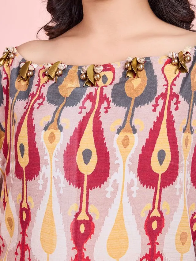 elegant ethnic printed pure viscose asymmetric neck embellished kaftan top with comfortable straight pants set - Multi