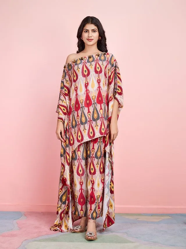 elegant ethnic printed pure viscose asymmetric neck embellished kaftan top with comfortable straight pants set - Multi