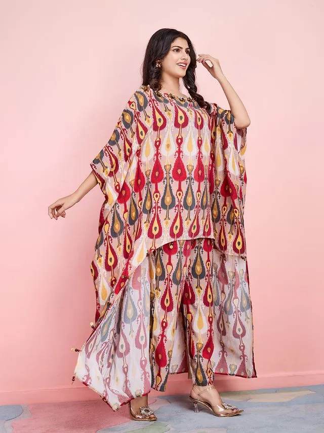 elegant ethnic printed pure viscose asymmetric neck embellished kaftan top with comfortable straight pants set - Multi