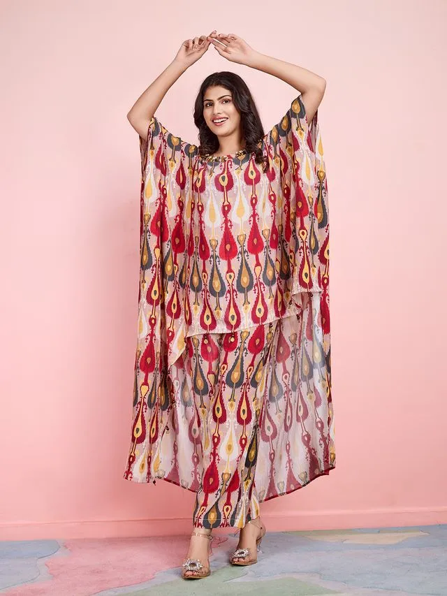 elegant ethnic printed pure viscose asymmetric neck embellished kaftan top with comfortable straight pants set - Multi