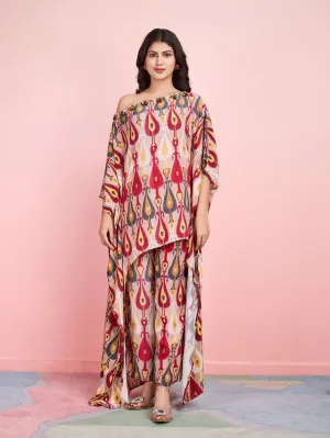 elegant ethnic printed pure viscose asymmetric neck embellished kaftan top with comfortable straight pants set - Multi