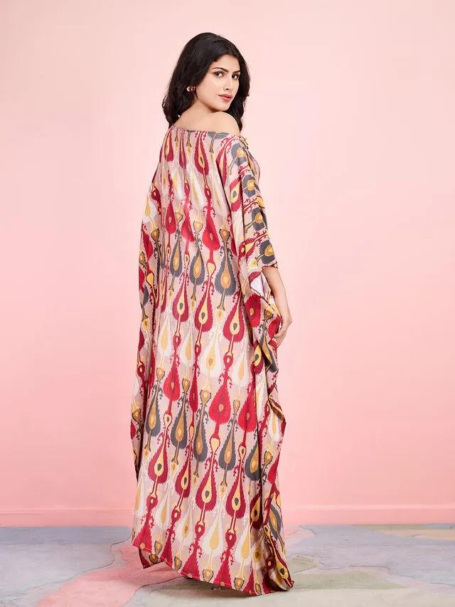 elegant ethnic printed pure viscose asymmetric neck embellished kaftan top with comfortable straight pants set - Multi