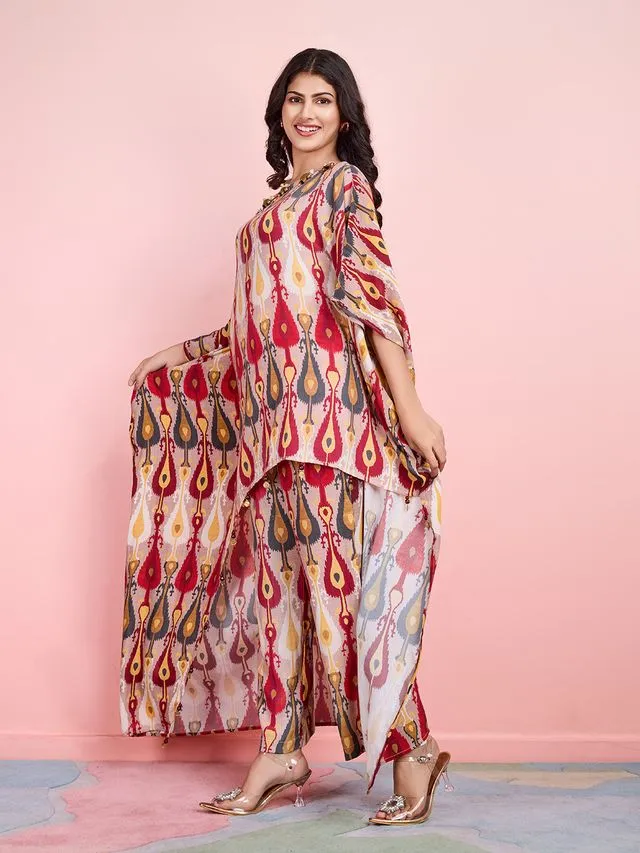 elegant ethnic printed pure viscose asymmetric neck embellished kaftan top with comfortable straight pants set - Multi