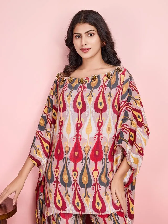 elegant ethnic printed pure viscose asymmetric neck embellished kaftan top with comfortable straight pants set - Multi