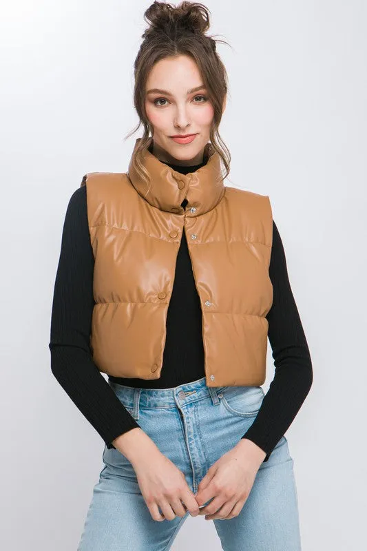 Fucshia Pink Faux Leather Sleeveless Puffer Crop Jacket