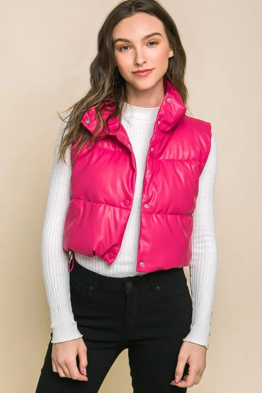 Fucshia Pink Faux Leather Sleeveless Puffer Crop Jacket