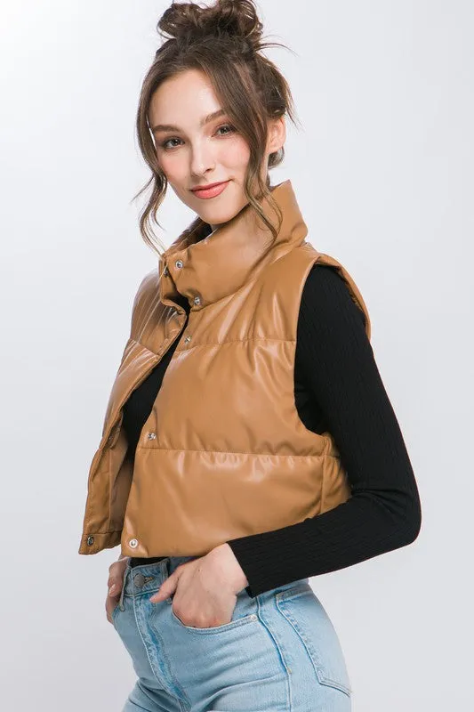 Fucshia Pink Faux Leather Sleeveless Puffer Crop Jacket