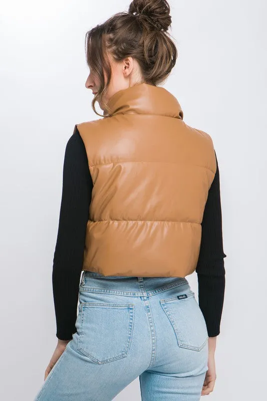 Fucshia Pink Faux Leather Sleeveless Puffer Crop Jacket