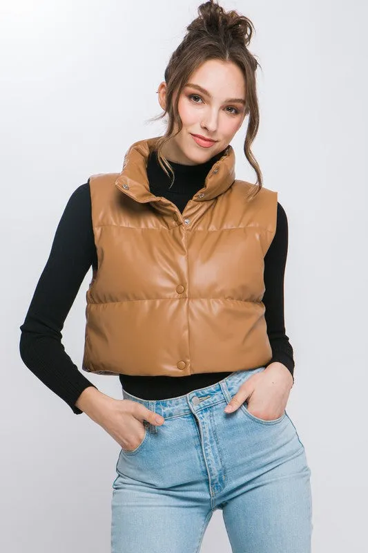 Fucshia Pink Faux Leather Sleeveless Puffer Crop Jacket
