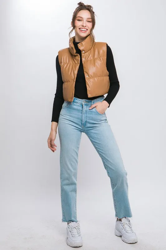 Fucshia Pink Faux Leather Sleeveless Puffer Crop Jacket
