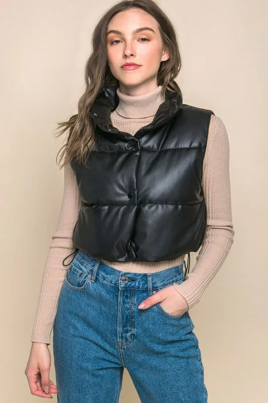 Fucshia Pink Faux Leather Sleeveless Puffer Crop Jacket