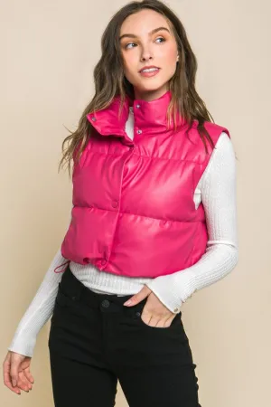 Fucshia Pink Faux Leather Sleeveless Puffer Crop Jacket