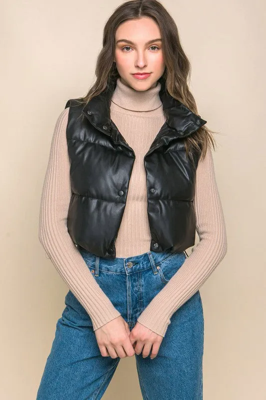 Fucshia Pink Faux Leather Sleeveless Puffer Crop Jacket