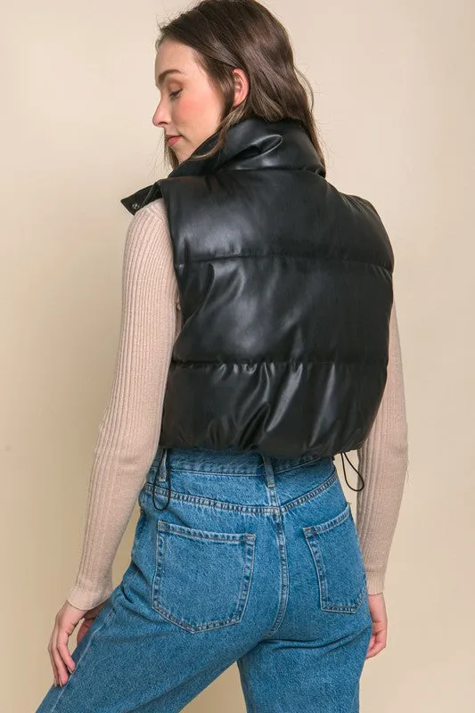 Fucshia Pink Faux Leather Sleeveless Puffer Crop Jacket