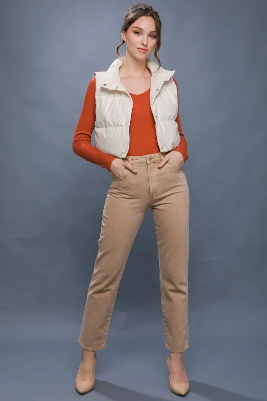 Fucshia Pink Faux Leather Sleeveless Puffer Crop Jacket