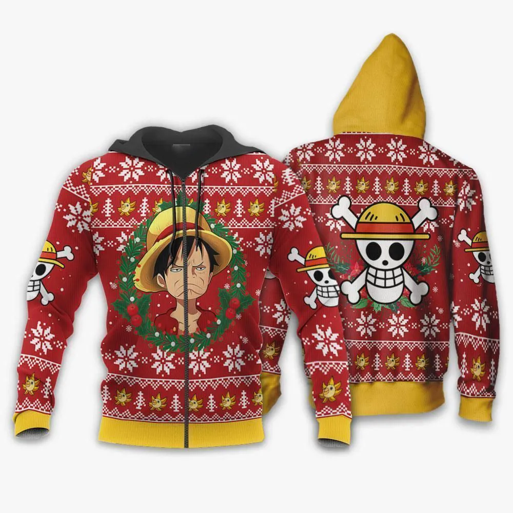 Giftngon - Luffy Ugly Christmas Sweater Funny Face One Piece Anime Xmas