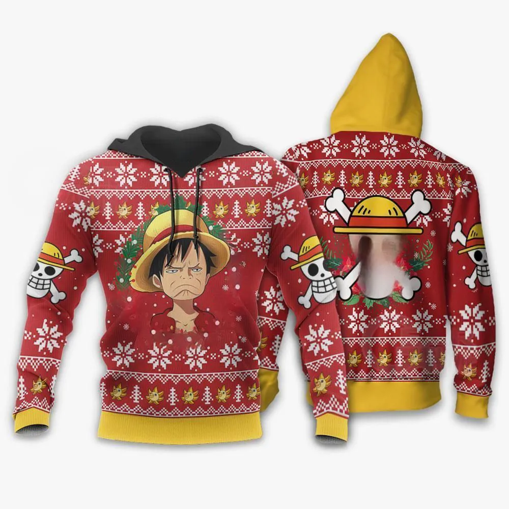Giftngon - Luffy Ugly Christmas Sweater Funny Face One Piece Anime Xmas