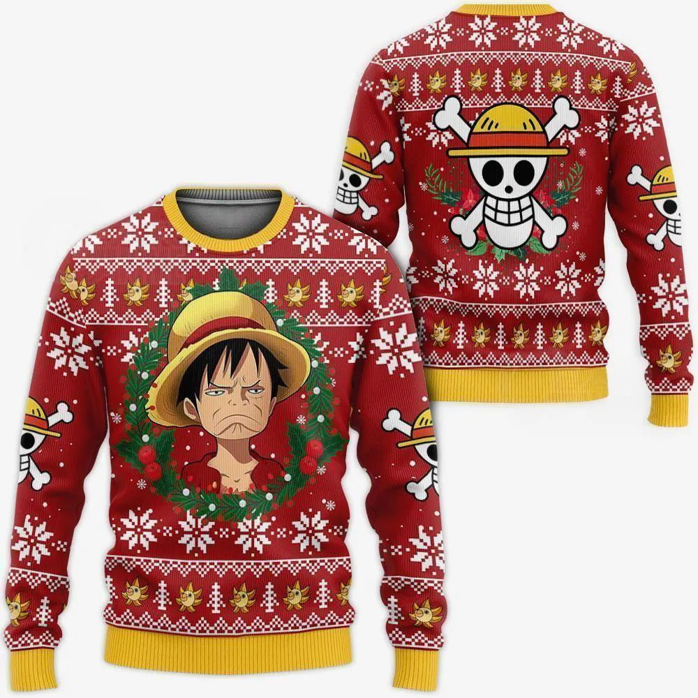 Giftngon - Luffy Ugly Christmas Sweater Funny Face One Piece Anime Xmas