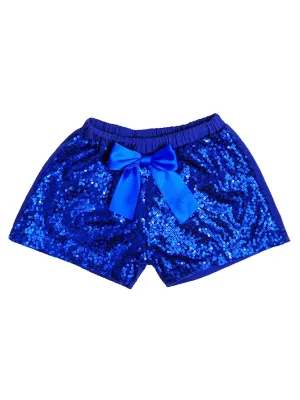 Girls Royal Blue Sequin Satin Bow Elastic Waist Shorts 24 Months-6