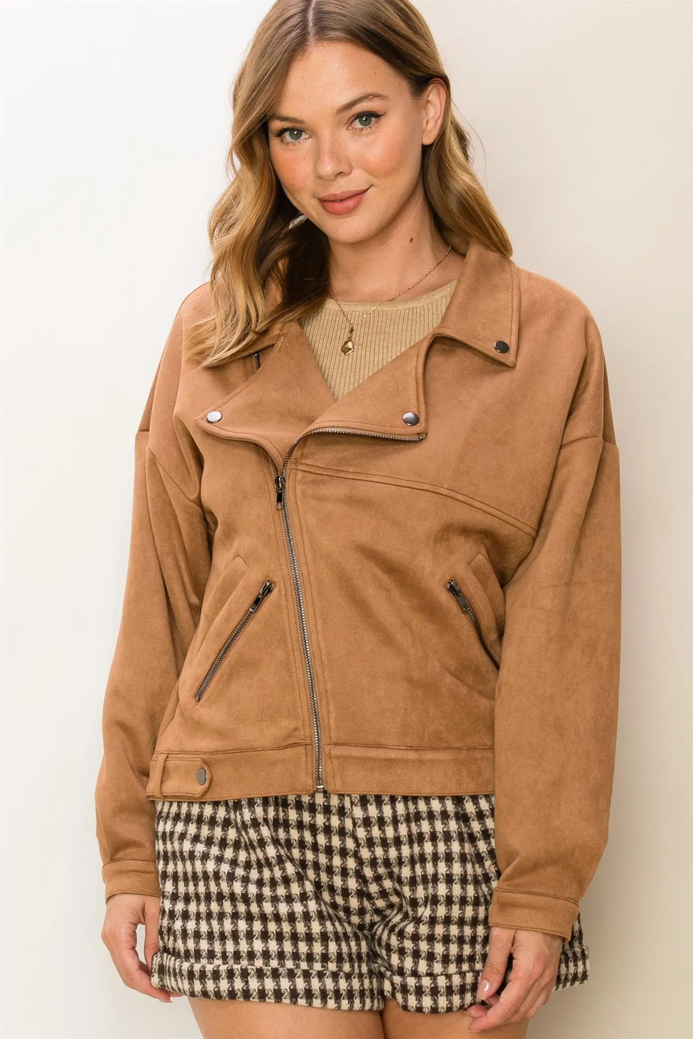 HF24C605-FAUX SUEDE BIKER JACKET