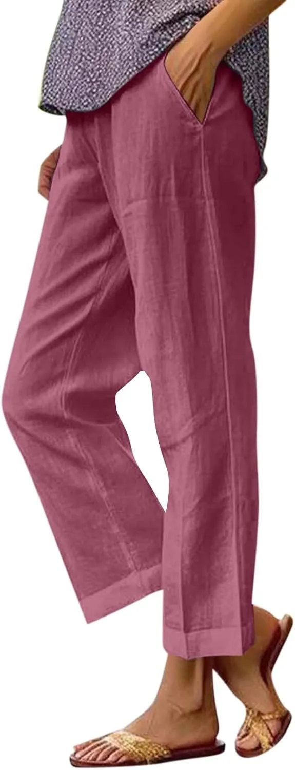 High Waisted Linen Cropped Pants Women Summer Baggy Stretchy Palazzo Lightweight Casual Boho Beach Pants w/Pockets