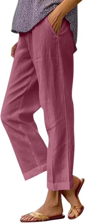 High Waisted Linen Cropped Pants Women Summer Baggy Stretchy Palazzo Lightweight Casual Boho Beach Pants w/Pockets