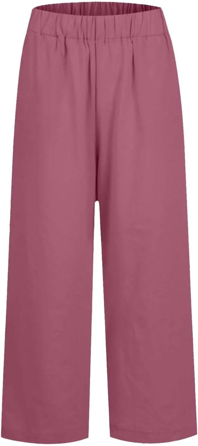 High Waisted Linen Cropped Pants Women Summer Baggy Stretchy Palazzo Lightweight Casual Boho Beach Pants w/Pockets