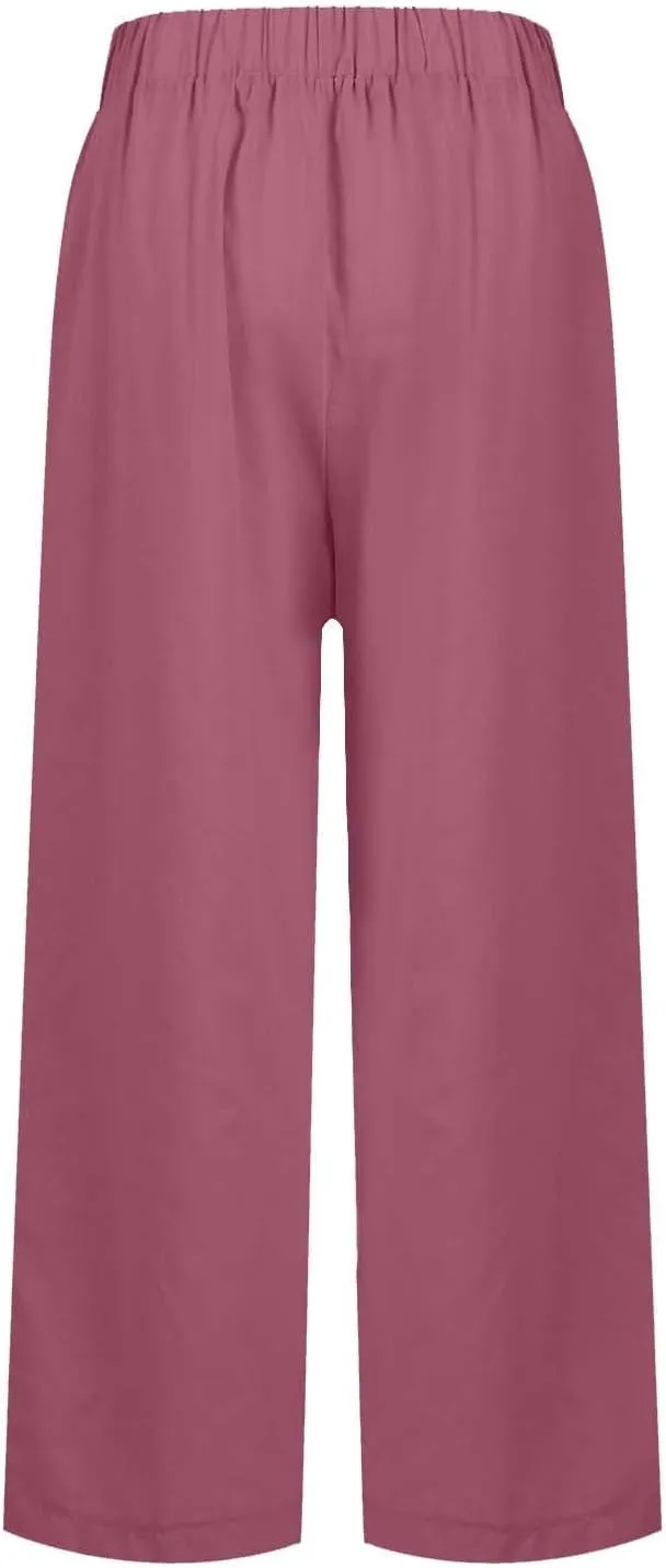 High Waisted Linen Cropped Pants Women Summer Baggy Stretchy Palazzo Lightweight Casual Boho Beach Pants w/Pockets