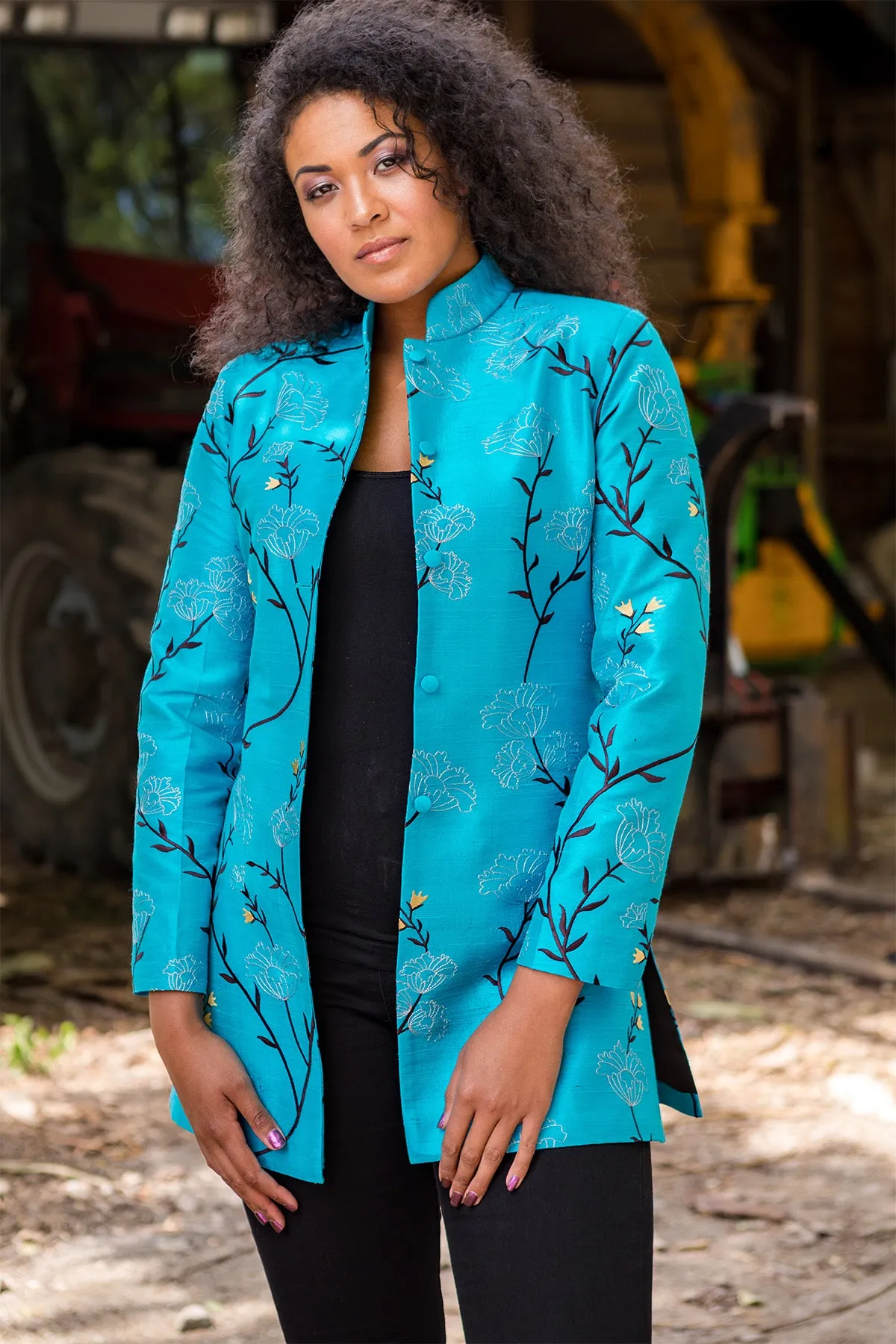 Long Nehru Jacket in Brilliant Turquoise - In Stock Sale