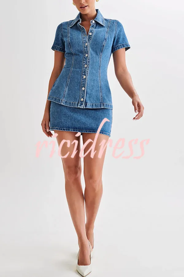 Modern Flavor Denim Short Sleeve Button Up Princess Seams Stretch Top