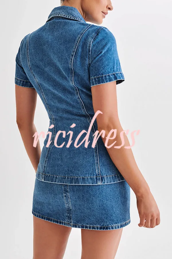 Modern Flavor Denim Short Sleeve Button Up Princess Seams Stretch Top